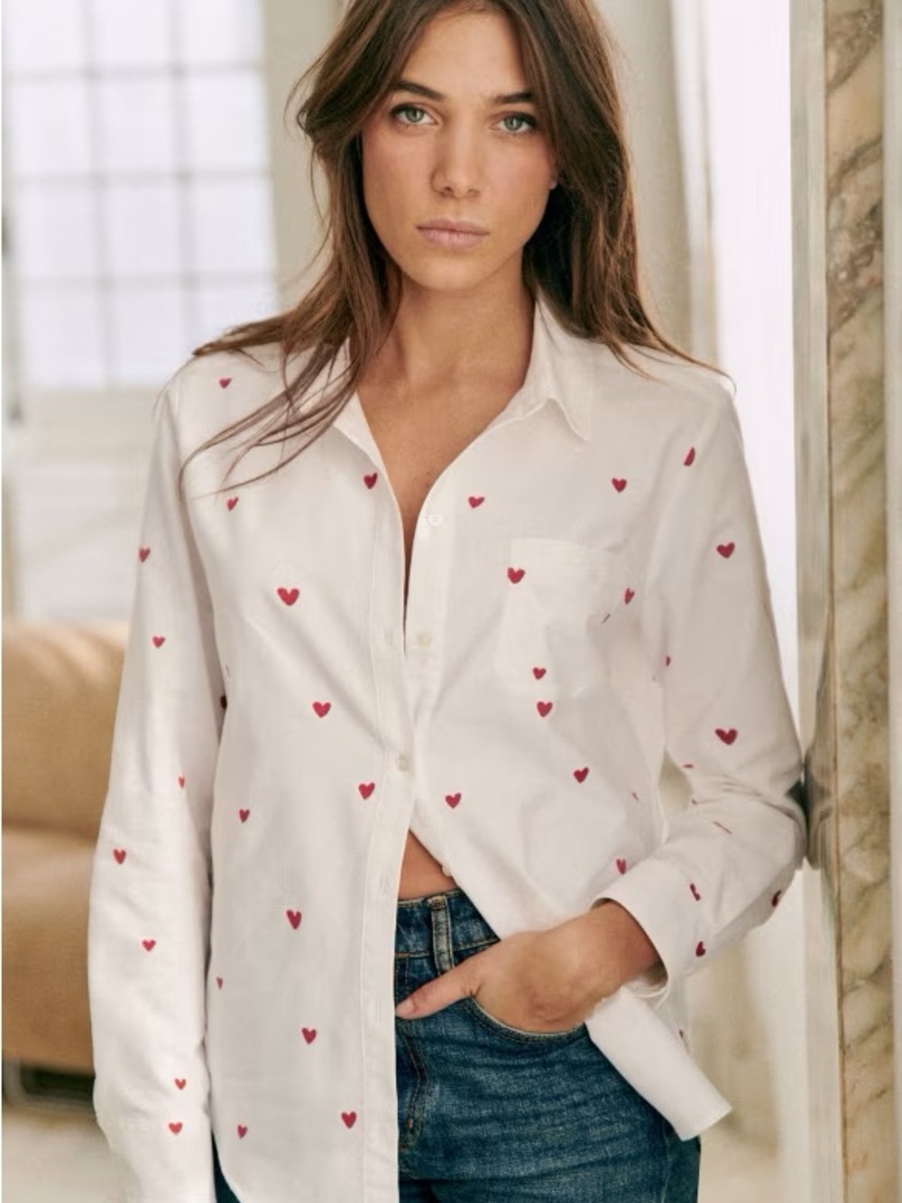 Sézane Tomboy Shirt in Embroidered Red Hearts